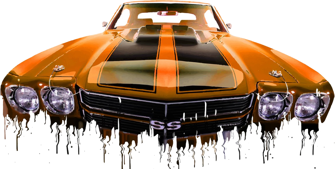 Ronnie’s Automotive artwork of an orange Chevelle SS with black hood stripes